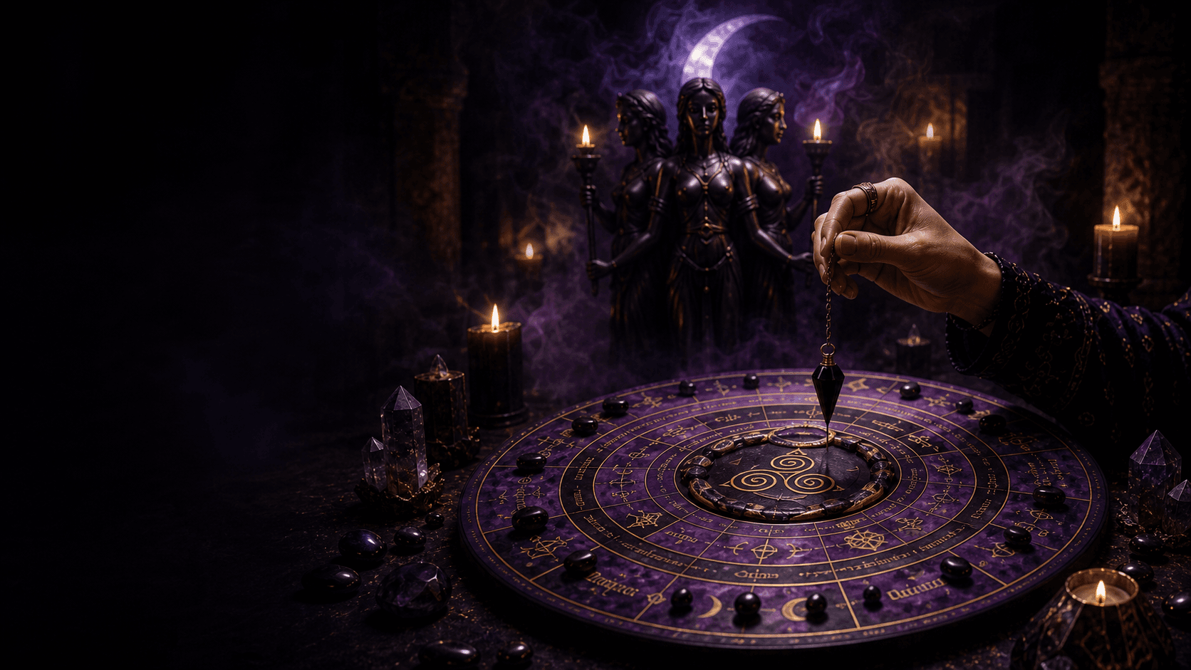 Mesa Hekatina em altar ritual com pêndulo, velas, fumaça roxa e estátua de Hekate