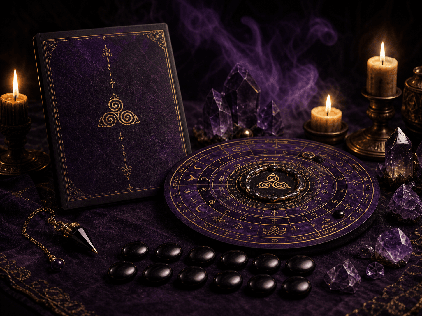 Kit da Mesa Hekatina com mesa física, apostila digital, pêndulo e 13 pedras