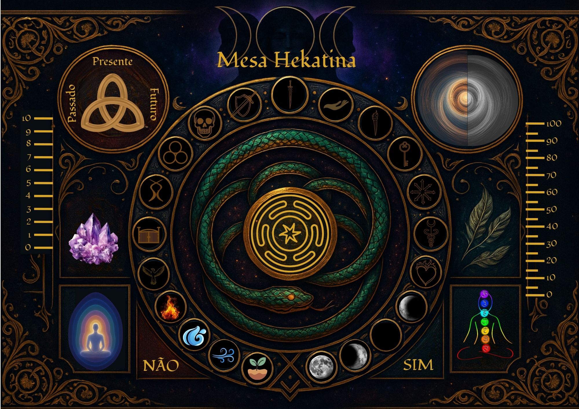Foto real da Mesa Hekatina com símbolos, réguas, chakras, serpente e centro de operação